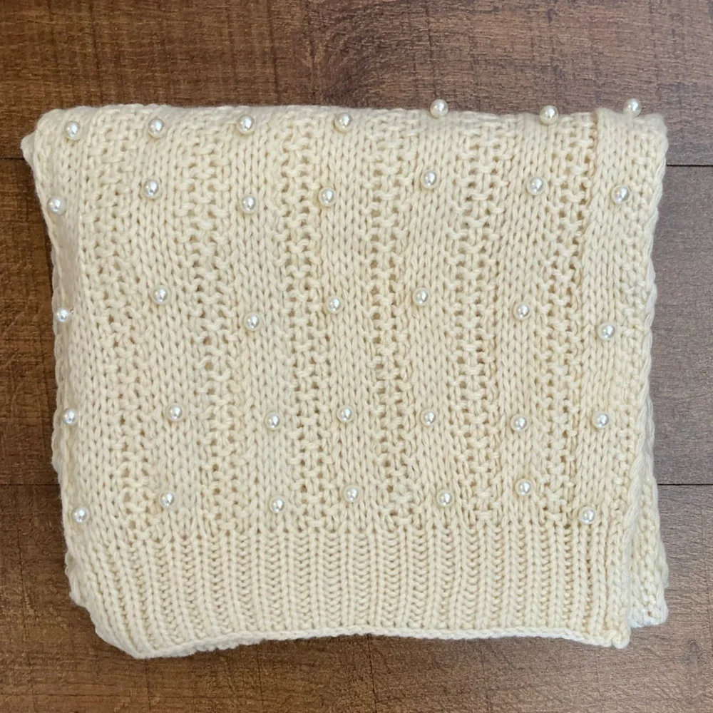 Cream Knit Scarf Embellished w/ Faux Pearls